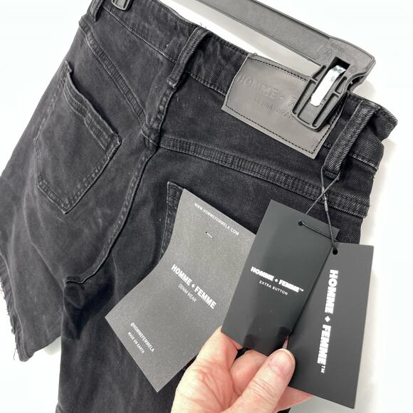 Homme + Femme NEW Distressed Flames Logo Jean Shorts Mens Sz 28 Black Stretch - Picture 7 of 11